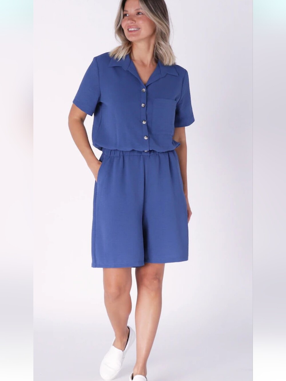 Kim & Co NEW Size XL: Crinkle Poplin Blue Button Front Romper